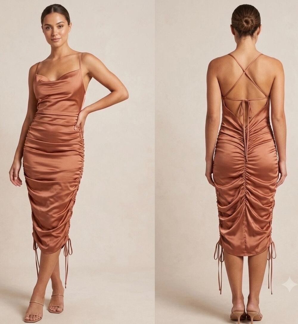 NWT Club L‎ London Satin Ruched Mini Dress Copper Rose Gold Backless Halter US 8